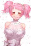  1girl arms_behind_back bare_shoulders blush bodice breasts cleavage corset detached_sleeves eyelashes flower grin hair_flower hair_ornament head_wreath highres king&#039;s_raid large_breasts looking_at_viewer petals pink_hair red_eyes see-through short_hair short_sleeves smile solo thighhighs upper_body white_background white_sleeves yu_mochi_(kamiinu) 