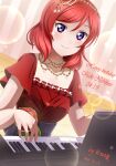  1girl character_name dated dress hair_ornament happy_birthday highres instrument lens_flare looking_at_viewer love_live! love_live!_school_idol_project music nishikino_maki piano playing_instrument playing_piano purple_eyes red_dress red_hair short_hair signature sleeveless sleeveless_dress smile solo upper_body xiaoxin041590 