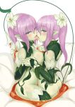  2girls absurdres alraune ass bell_orgel blush breasts colored_skin eyebrows_visible_through_hair flower french_kiss green_skin hair_between_eyes hair_flower hair_ornament highres honey kiss liliraune_(monster_girl_encyclopedia) long_hair looking_at_viewer monster_girl monster_girl_encyclopedia multiple_girls nectar plant_girl purple_eyes purple_hair simple_background thighs tongue tongue_out white_background yuri 