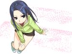  1girl arm_support blue_eyes blue_hair cherry_blossoms full_body green_hoodie hair_ornament hairclip highres hood hoodie ino long_hair looking_at_viewer mochizuki_nonoka otome_function shoes short_shorts shorts sitting smile sneakers solo thigh_gap 