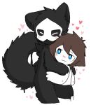  1:1 ambiguous_gender anthro black_body black_fur blue_eyes blush bottomwear brown_hair canid canine canis changed_(video_game) chano clothing duo eyes_closed fur hair hug human interspecies lin_(changed) male male/ambiguous mammal puro_(changed) shorts simple_background size_difference white_background white_body wolf 