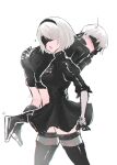  1boy 1girl absurdres ass ass_grab black_blindfold black_footwear black_gloves black_hairband blindfold blush carrying gloves grey_legwear hairband hand_on_own_face highres mole mole_under_mouth nier_(series) nier_automata outline pink_lips puffy_sleeves simple_background sketch sweat sweatdrop thighhighs turtle turtleneck walking white_background white_hair white_outline yorha_no._2_type_b yorha_no._9_type_s zemzk 