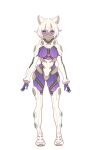  1girl :3 animal_ears arms_at_sides bodysuit cat_ears closed_mouth commentary_request concept_art dark_skin dark_skinned_female dot_nose enkyo_yuuichirou full_body gloves looking_at_viewer original pince-nez purple_bodysuit purple_eyes purple_gloves short_hair solo standing translated white_hair 