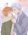  1boy 1girl abstract_background adjusting_scarf ahoge alternate_costume azuki_(aduki) beige_scarf blue_background blue_eyes blush buttons closed_eyes coat couple emma_(yakusoku_no_neverland) green_coat grey_coat grey_hair grey_sweater hetero highres imminent_kiss neck_tattoo norman_(yakusoku_no_neverland) number_tattoo open_clothes open_coat open_mouth orange_hair pink_background ribbed_sweater scarf short_hair smile sweater tattoo upper_body upper_teeth wavy_hair yakusoku_no_neverland 