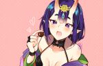  1girl :d barefoot_sandals bob_cut breasts chocolate coll_(erichankun) cup eyeliner fang fate/grand_order fate_(series) food headpiece horns japanese_clothes kimono makeup oni oni_horns open_clothes open_kimono open_mouth purple_eyes purple_hair purple_kimono revealing_clothes sakazuki short_eyebrows short_hair shuten_douji_(fate) skin-covered_horns skin_fang small_breasts smile 