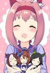  4girls :d ^_^ animal_ears bangs black_hair blue_bow blush bow braid brown_hair chibi closed_eyes closed_mouth commentary_request engiyoshi facing_viewer hair_bow hair_intakes hairband haru_urara_(umamusume) highres horse_ears long_sleeves minigirl multicolored_hair multiple_girls open_mouth pink_hair pleated_skirt puffy_long_sleeves puffy_short_sleeves puffy_sleeves purple_bow purple_shirt red_hairband shirt short_hair short_sleeves sidelocks skirt smile special_week super_creek swept_bangs two-tone_hair umamusume white_bow white_hair white_skirt winning_ticket 