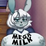  anthro big_breasts blithedragon blush bodily_fluids breasts clothed clothing female fur granbun grey_body grey_fur hair huge_breasts lactating lagomorph leporid mammal mature_anthro mature_female mcsweezy mega_milk meme nipples open_mouth rabbit short_hair solo sweat sweatdrop white_hair 