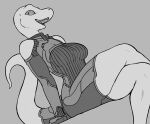  anthro black_and_white clothed clothing crossed_legs female grey_background hi_res looking_at_viewer monochrome open_mouth scalie sharp_teeth simple_background sitting solo teeth tongue vader-san 