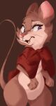  2021 anthro blue_eyes brown_background brown_body brown_fur buckteeth cheek_tuft don_bluth eyelashes facial_tuft featureless_crotch fur head_tuft hi_res mammal mouse mrs._brisby murid murine open_mouth open_smile pink_nose rodent simple_background smile solo teeth the_secret_of_nimh tohupo tuft whiskers 