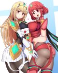  absurdres armor ass bangs black_gloves black_legwear blonde_hair blush breast_press chest_jewel dress earrings fingerless_gloves gloves heart highres jewelry long_hair looking_at_viewer mythra_(massive_melee)_(xenoblade) mythra_(xenoblade) open_mouth ponponmaru pyra_(xenoblade) red_eyes red_hair red_shorts short_hair shorts shoulder_armor smash_invitation smile super_smash_bros. swept_bangs symmetrical_docking tiara white_dress white_gloves xenoblade_chronicles_(series) xenoblade_chronicles_2 yellow_eyes 