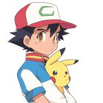  1boy ash_ketchum bangs baseball_cap black_hair brown_eyes closed_mouth commentary_request dododo_dadada gen_1_pokemon grey_shirt hair_between_eyes hat jacket looking_at_viewer male_focus pikachu pokemon pokemon_(anime) pokemon_(creature) pokemon_m21 shirt short_hair short_sleeves simple_background upper_body white_background zipper_pull_tab 