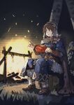  1girl armor boots bracer braid brown_hair campfire chain cloak commentary eating embers fire focused food fur-trimmed_cloak fur_trim helmet highres holding holding_food jun_(seojh1029) making-of_available meat night shield signature sitting solo symbol_commentary tree valheim 