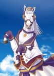  animal animalization bangs blue_sky blunt_bangs choker clothed_animal ellenuen gold_ship gold_ship_(racehorse) hat highres horse jacket looking_at_viewer no_humans open_clothes open_jacket parody photo-referenced purple_choker real_life skirt sky solo umamusume white_hair white_horse white_jacket white_skirt 