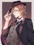  1boy black_collar black_headwear black_jacket black_neckwear blue_eyes border buckle bungou_stray_dogs buttons collar collared_shirt commentary cross_tie hair_between_eyes hand_on_headwear hand_up hat highres jacket jacket_on_shoulders lapel looking_to_the_side male_focus matoriyoshika24 medium_hair nakahara_chuuya no_gloves orange_hair parted_lips shirt solo suit_jacket upper_body waistcoat wavy_hair white_shirt 