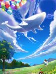  balloon bird blue_sky brown_hair cloud day dew_(7302235) facing_away flower grass highres holding holding_stuffed_toy mountain original outdoors scenery shirt sky standing stuffed_toy tree tricycle whale white_shirt 