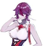  1girl bangs breasts cccgs5 closed_mouth genshin_impact hair_between_eyes large_breasts multicolored_hair pale_skin pink_eyes purple_hair red_hair rosaria_(genshin_impact) short_hair sidelocks simple_background sleeveless solo upper_body white_background 