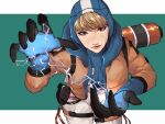  1girl apex_legends blue_gloves blue_sweater bodysuit cable electricity eyebrows_behind_hair freckles gloves highres hood hood_up jacket leaning_forward lichtenberg_figure looking_at_viewer open_hands orange_jacket ribbed_sweater scar scar_on_cheek scar_on_face solo sweater ukiyo_okashi wattson_(apex_legends) white_bodysuit 