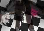  1boy arms_behind_back broken broken_chain brown_jacket brown_pants chain checkered checkered_floor circle collar commentary_request danganronpa_(series) danganronpa_another_episode:_ultra_despair_girls fake_whiskers grey_hair highres jacket kabedan_(yasai_oisidaro) komaeda_nagito lying male_focus messy_hair metal_collar official_alternate_costume on_floor on_side paint_on_face pants pink_blood pov shirt short_hair solo_focus striped striped_shirt tile_floor tiles 