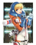  1girl apex_legends backpack bag bangs blue_eyes blue_gloves blue_sweater blush bodysuit electricity eyebrows_visible_through_hair gloves hood hood_up hyakusannjyuugo jacket looking_at_viewer open_hands open_mouth orange_jacket ribbed_sweater solo sweater thigh_strap wattson_(apex_legends) white_bodysuit 