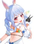  1girl :d absurdres animal_ear_fluff animal_ears back backless_coat bangs bare_back black_gloves blue_hair blush braid bunny-shaped_pupils bunny_ears bunny_tail carrot_hair_ornament coat detached_sleeves food_themed_hair_ornament from_behind fur-trimmed_gloves fur_scarf fur_trim gloves hair_ornament hair_over_shoulder highres hikimayu hololive kohe_billialot long_hair looking_at_viewer multicolored_hair open_mouth orange_eyes puffy_short_sleeves puffy_sleeves rabbit_girl scarf short_eyebrows short_sleeves simple_background smile solo strapless_coat swept_bangs tail twin_braids twintails two-tone_hair upper_body upper_teeth usada_pekora v virtual_youtuber white_background white_coat white_hair white_scarf white_sleeves 