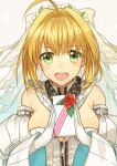  1girl 2f_sq :d ahoge blonde_hair box breasts chain cleavage detached_sleeves fate/grand_order fate_(series) flower gift gift_box gloves green_eyes hair_intakes holding holding_gift large_breasts looking_at_viewer nero_claudius_(bride)_(fate) nero_claudius_(fate)_(all) open_mouth red_flower red_rose rose shiny shiny_skin short_hair simple_background smile solo upper_body veil white_background white_gloves white_sleeves zipper 