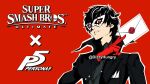  1boy amamiya_ren black_coat black_hair border coat copyright_name dizzyhungry eye_mask gloves grey_shirt holding holding_letter letter logo long_sleeves looking_at_viewer male_focus open_clothes open_coat persona persona_5 red_border red_gloves shirt short_hair smash_invitation smile solo super_smash_bros. twitter_username 