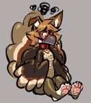  2019 4_toes alex_(usefulspoon) ambiguous_gender anthro banderi blush brown_body canid canine canis claws clothed clothing collar digital_drawing_(artwork) digital_media_(artwork) domestic_dog feet glistening hair herding_dog hindpaw holidays mammal muzzle_(object) muzzled pastoral_dog pawpads paws pink_pawpads red_collar rubber simple_background solo thanksgiving toe_claws toes turkey_costume welsh_corgi white_body 