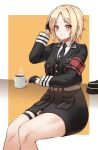  1girl armband black_gloves black_headwear black_neckwear blonde_hair breast_pocket brown_eyes coffee coffee_mug cup eyebrows_visible_through_hair girls_frontline gloves hat highres long_sleeves looking_at_viewer military military_hat military_uniform mp40_(girls_frontline) mug necktie pocket short_hair sitting smile solo steam thigh_strap toryu_fufu uniform wehrmacht 