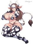  2021 5_fingers absolute_territory absurd_res animal_humanoid animal_print big_breasts bikini blush bovid bovid_humanoid bovine bovine_humanoid breast_squish breasts brown_eyes brown_hair cattle_humanoid clothed clothing cow_print deep_navel female fingers hair hand_on_face hi_res horn huge_breasts humanoid long_hair mammal mammal_humanoid navel sem-l-grim simple_background sitting slightly_chubby solo squish swimwear tail_tuft thick_thighs torie_(monstergirlsftw) tuft white_background wide_hips 