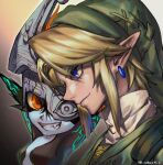  1boy 1girl arms_up bangs bibabunie blonde_hair colored_skin fang green_tunic grin hat highres imp link mask mask_over_one_eye midna multicolored multicolored_skin orange_eyes pointy_ears sidelocks simple_background smile the_legend_of_zelda the_legend_of_zelda:_twilight_princess tunic twitter_username two-tone_skin upper_body 