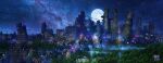  artist_name black_sky building commentary_request full_moon highres horizon meteor moon night night_sky no_humans original overgrown post-apocalypse real_world_location ruins scenery sky skyscraper star_(sky) starry_sky tokyogenso water waterfall 