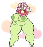  anthro areola big_areola big_breasts big_nipples blush breasts elemental_creature female flora_fauna genitals green_body hand_behind_head hi_res huge_breasts meganium navel nintendo nipples plant pok&eacute;mon pok&eacute;mon_(species) pussy red_eyes simple_background slightly_chubby solo tehbuttercookie thick_thighs video_games 