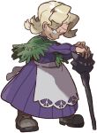  1girl agatha_(pokemon) apron artist_request black_eyes blonde_hair boots bright_pupils cane dress elite_four full_body grey_footwear hands_together highres holding holding_cane long_sleeves looking_to_the_side medium_hair official_art old old_woman parted_lips pokemon pokemon_(game) pokemon_lgpe purple_dress smile solo standing waist_apron white_apron 
