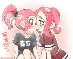  2girls black_shirt blush closed_mouth commentary eromame green_eyes hair_tie imminent_kiss leaning_forward light_frown looking_at_another makeup mascara medium_hair multiple_girls octoling open_mouth pointy_ears ponytail print_shirt red_eyes red_hair shirt short_sleeves sitting splatoon_(series) suction_cups sweatdrop t-shirt tentacle_hair translated twitter_username yuri 