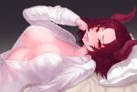  1girl :p bangs blush breasts cleavage collarbone demon_girl demon_horns detached_sleeves epis eyelashes fingernails forehead from_side hair_intakes highres horns king&#039;s_raid large_breasts long_sleeves looking_at_viewer lying naked_shirt no_bra on_back open_clothes open_shirt parted_bangs red_hair seductive_smile sharp_fingernails sharp_tongue shirt short_hair smile solo tongue tongue_out white_shirt yu_mochi_(kamiinu) 