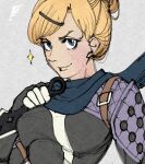  1girl apex_legends blonde_hair blue_eyes blue_scarf bodysuit breasts cosplay grey_background hair_behind_ear hair_bun hair_ornament hairclip holding holding_knife knife kunai looking_at_viewer medium_breasts scarf smile solo sparkle upper_body wattson_(apex_legends) weapon wraith_(apex_legends) wraith_(apex_legends)_(cosplay) yasutrella 