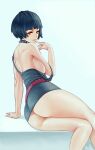  1girl arm_support ass bad_id bad_pixiv_id bare_legs black_hair breasts brown_eyes collar dress looking_at_viewer no_bra persona persona_5 short_dress short_hair sideboob sitting solo spiked_collar spikes strap_slip takemi_tae zefrableu 