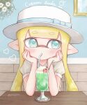  1girl aqua_eyes bangs bendy_straw blonde_hair blue_bow blunt_bangs boater_hat bow cherry commentary cup domino_mask dress drinking drinking_straw elbow_rest english_commentary english_text food fruit hat hat_bow heart highres ice_cream ice_cream_float inkling long_hair looking_at_viewer mask melon_soda pioxpioo pointy_ears puffy_short_sleeves puffy_sleeves short_sleeves solo splatoon_(series) tentacle_hair twitter_username white_dress white_headwear 