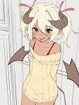  1girl :p arms_behind_back bangs bare_shoulders blush brown_eyes brown_sweater brown_wings closed_mouth collarbone commentary_request covered_navel curled_horns dark_skin dark_skinned_female demon_girl demon_horns demon_tail demon_wings detached_wings eyebrows_visible_through_hair hair_between_eyes hair_ribbon highres horns off-shoulder_sweater off_shoulder original pointy_ears red_ribbon ribbed_sweater ribbon smile solo sweater tail tongue tongue_out twintails white_hair wings yuuji_(yukimimi) 