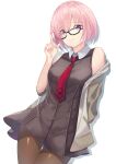  1girl absurdres bare_shoulders black_dress black_legwear bob_cut closed_mouth contrapposto dress fate/grand_order fate_(series) glasses hair_over_one_eye highres index_finger_raised jacket light_purple_hair looking_at_viewer mash_kyrielight mono_1010 necktie off_shoulder pantyhose purple_eyes red_neckwear short_dress short_hair simple_background sleeveless sleeveless_dress smile solo white_background 