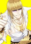  1boy 2f_sq belt between_fingers blonde_hair bob_cut cigarette fate/grand_order fate_(series) grin hand_on_hip jewelry looking_at_viewer male_focus necklace sakata_kintoki_(fate) shirt simple_background smile solo sunglasses upper_body white_shirt yellow_background 