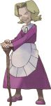  1girl agatha_(pokemon) apron black_eyes blonde_hair cane closed_mouth dress elite_four full_body hands_together holding holding_cane long_sleeves official_art old old_woman pantyhose pokemon pokemon_(game) pokemon_frlg purple_dress purple_footwear shoes short_hair smile solo standing sugimori_ken waist_apron white_apron 