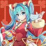  1girl aqua_eyes aqua_hair artist_name checkered checkered_background china_dress chinese_clothes chinese_new_year commentary coronavirus_pandemic dress fur-trimmed_dress fur-trimmed_sleeves fur_trim hair_ornament hand_up hatsune_miku holding holding_mask homura_0205 long_hair looking_at_viewer mask mask_removed new_year pom_pom_(clothes) red_background red_dress smile solo twintails upper_body very_long_hair vocaloid 