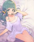  1girl alternate_costume arm_at_side bangs bare_legs bed bed_sheet blunt_bangs breasts chemise collarbone curly_hair dot_nose expressionless eyebrows_visible_through_hair futaba_sana green_eyes green_hair half-closed_eyes hand_up highres holding knees_together_feet_apart light_blush looking_at_viewer low_twintails lying magia_record:_mahou_shoujo_madoka_magica_gaiden mahou_shoujo_madoka_magica on_back on_bed parted_lips scrunchie shiny shiny_hair sideboob sidelighting sidelocks small_breasts solo soul_gem tam-u tareme twintails yellow_scrunchie 