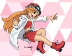  :d a_mouly belt boots brown_belt coat eyebrows_visible_through_hair eyes_visible_through_hair helmet long_hair mona_(warioware) open_mouth orange_hair pink_background red_footwear red_helmet red_skirt red_tank_top skirt smile tank_top warioware white_coat 