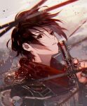  1girl black_eyes black_hair from_side gun holding holding_gun holding_weapon kawacy looking_at_viewer mikasa_ackerman open_mouth red_scarf rope scarf shingeki_no_kyojin short_hair smoke smoking_gun solo sparks weapon 