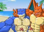  2020 abs anthro anthrofied beach blastoise blush bodily_fluids body_hair charizard chest_hair cum cum_on_chest cum_on_face cum_on_self duo ejaculation erection genital_fluids genitals gesture hi_res humanoid_genitalia humanoid_penis jewelry looking_at_viewer male male/male muscular muscular_anthro muscular_male nanbuskhan necklace nintendo nipple_piercing nipples one_eye_closed outside pecs penis piercing pok&eacute;mon pok&eacute;mon_(species) seaside selfie smile v_sign video_games wings 