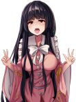  1girl ahegao bangs black_hair blunt_bangs blush bow bowtie breasts collarbone cowboy_shot double_v english_commentary eyebrows_visible_through_hair from_above highres houraisan_kaguya large_breasts long_hair looking_at_viewer oral_invitation pan-ooh pink_shirt red_eyes red_skirt shirt skirt sleeves_past_elbows solo tears touhou transparent_background v very_long_hair white_bow white_neckwear wide_sleeves 