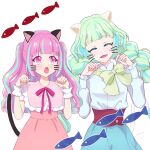  2girls :d :o ^_^ ^o^ aikatsu!_(series) aikatsu_planet! animal_ears ann_(aikatsu!) aqua_eyelashes artist_name bangs blue_hair blue_skirt blunt_bangs blush bow bowtie braid cat_day cat_ears cat_tail chisaca closed_eyes colored_eyelashes commentary_request diamond_(symbol) drawn_ears drawn_tail drawn_whiskers dress eyebrows_visible_through_hair facing_viewer fish green_hair green_neckwear hands_up high-waist_skirt highres kurimu_an long_hair looking_at_another loose_bowtie multicolored multicolored_eyes multicolored_hair multiple_girls neck_ribbon open_mouth paw_pose pink_dress pink_eyes pink_hair pink_ribbon purple_eyes q-pit ribbon shirt simple_background skirt smile streaked_hair tail tsukishiro_ayumi twin_braids twintails two_side_up upper_body very_long_hair white_background white_shirt wrist_cuffs 