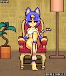  2021 4_fingers 4_toes animal_crossing animated ankha_(animal_crossing) anthro balls bandage blue_body blue_eyes blue_fur blue_hair bottomless chair clothed clothing digital_media_(artwork) disembodied_penis domestic_cat duo egyptian erection eyelashes feet felid feline felis female female_focus fingers foot_fetish foot_play footjob fur furniture genitals hair half-closed_eyes headdress hi_res human humanoid_genitalia humanoid_penis inside interspecies james_cabello lamp looking_at_viewer male male/female mammal multicolored_body multicolored_fur narrowed_eyes nintendo penis pixel_(artwork) pixel_animation plant sex short_playtime sitting solo_focus striped_tail stripes tailwag throne toes video_games yellow_body yellow_fur 